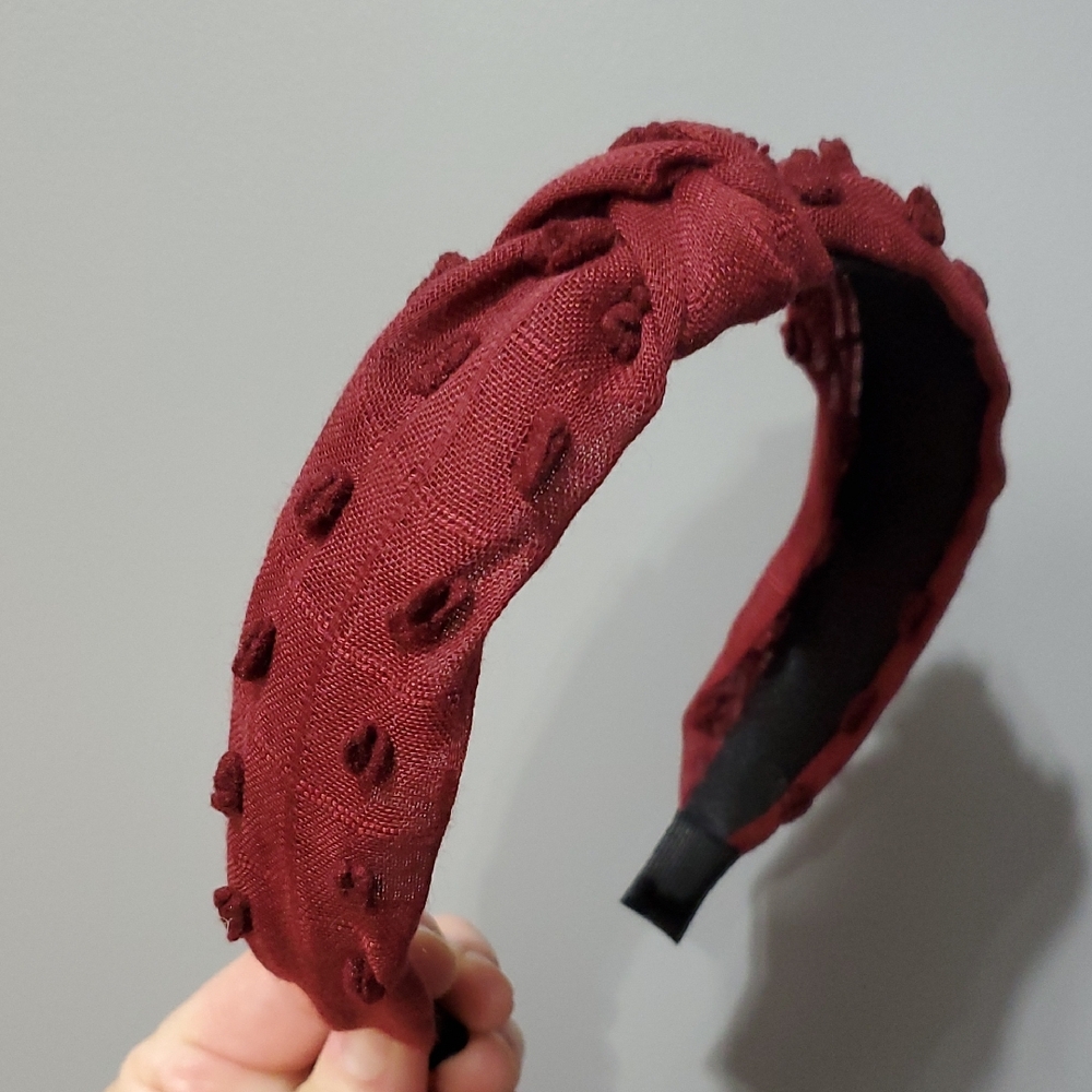 New boutique knotted pom-pom flexible headband maroon red